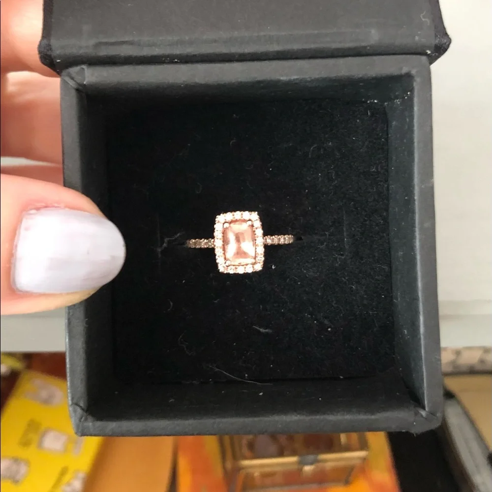 14k rose gold, diamond and emerald cut peach sapphire engagement ring - Picture 13 of 16